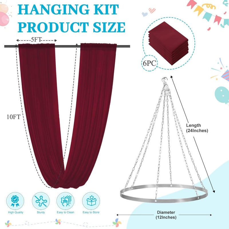 ROMANKAS Wedding Ceiling Drapes Burgundy Ceiling Draping Hanging Kit 6 Panels 5x10ft with 12 Inch Ceilings Drape Hoop Ring Kit Ceiling Draping Curtains Ceiling Drapes for Parties Wedding Decor - Image 3